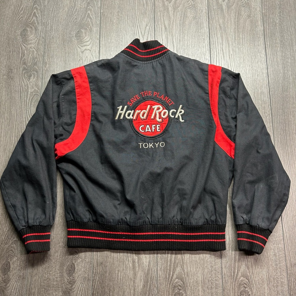 Vintage Hard Rock Cafe Tokyo Bomber Jacket Black Red Mens Medium Varsity Canvas